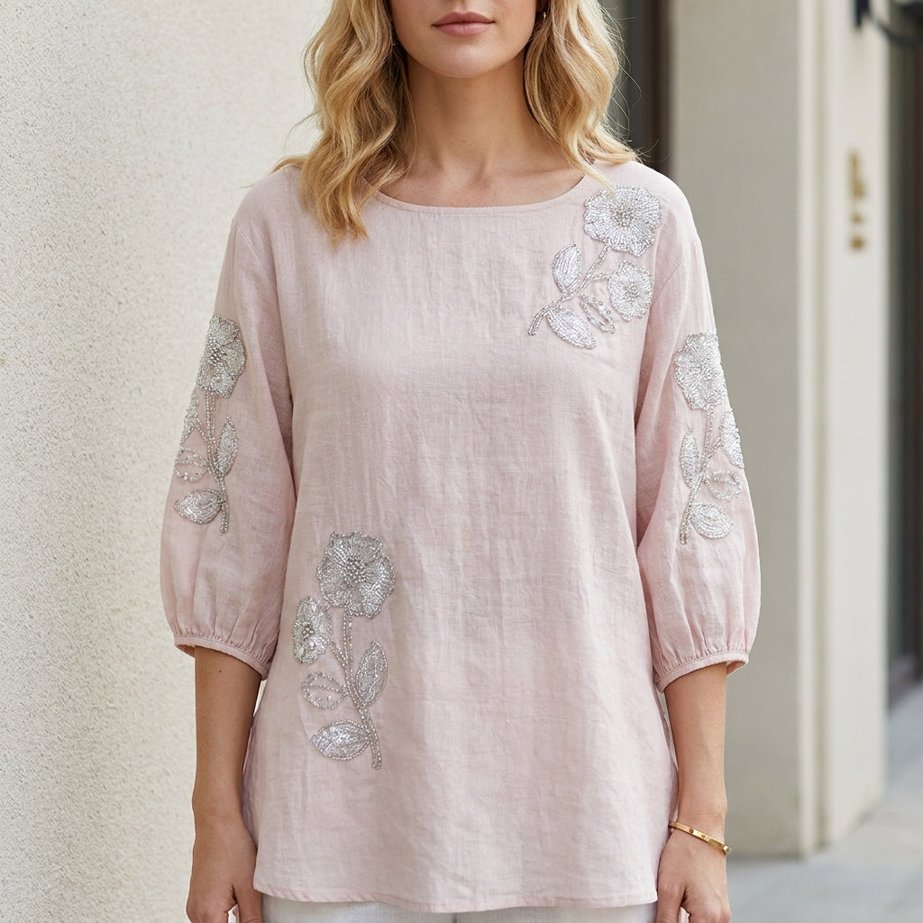 Pink floral summer blouse for women with puff sleeves, stylish top from My Store, perfect for warm weather and casual wear.
