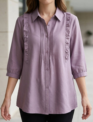 Purple denim ruffle summer blouse for women, stylish top from My Store, featuring a feminine ruffle design and lightweight fabric.
