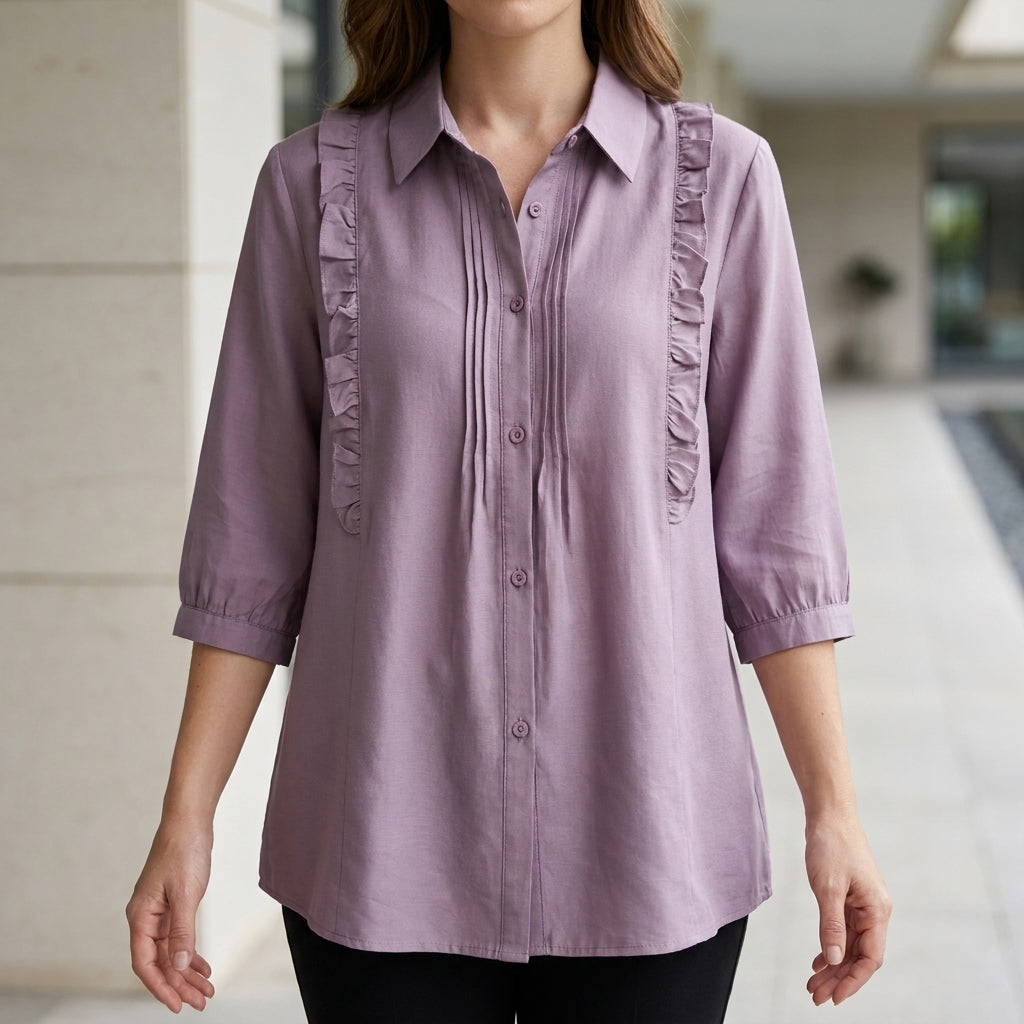 Purple denim ruffle summer blouse for women, stylish top from My Store, featuring a feminine ruffle design and lightweight fabric.