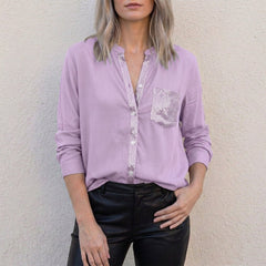 Purple women's summer blouse with V-neck and denim button front, stylish top from My Store, perfect for warm weather.