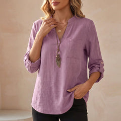 Purple V-neck linen blouse for women, flowy summer top with short sleeves and relaxed fit, stylish and breathable women's clothing.