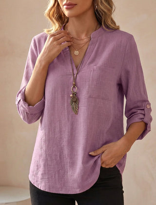 Purple V-neck linen blouse for women, flowy summer top with short sleeves and relaxed fit, stylish and breathable women's clothing.