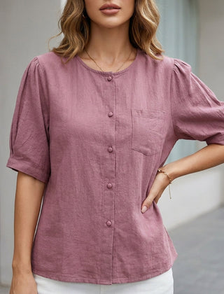 Purple women's summer blouse with short sleeves, linen fabric, and front pockets, stylish top from My Store.
