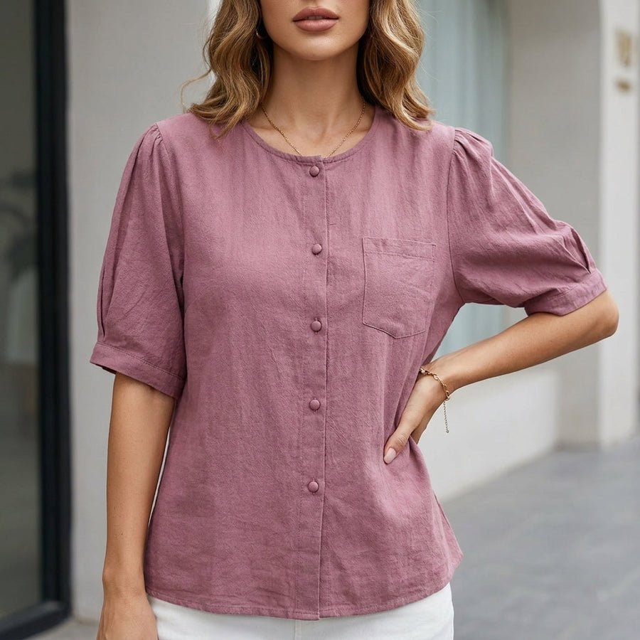 Purple women's summer blouse with short sleeves, linen fabric, and front pockets, stylish top from My Store.