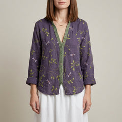 Purple floral V-neck long sleeve linen summer blouse for women, stylish and breathable top from My Store.