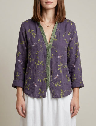 Purple floral V-neck long sleeve linen summer blouse for women, stylish and breathable top from My Store.