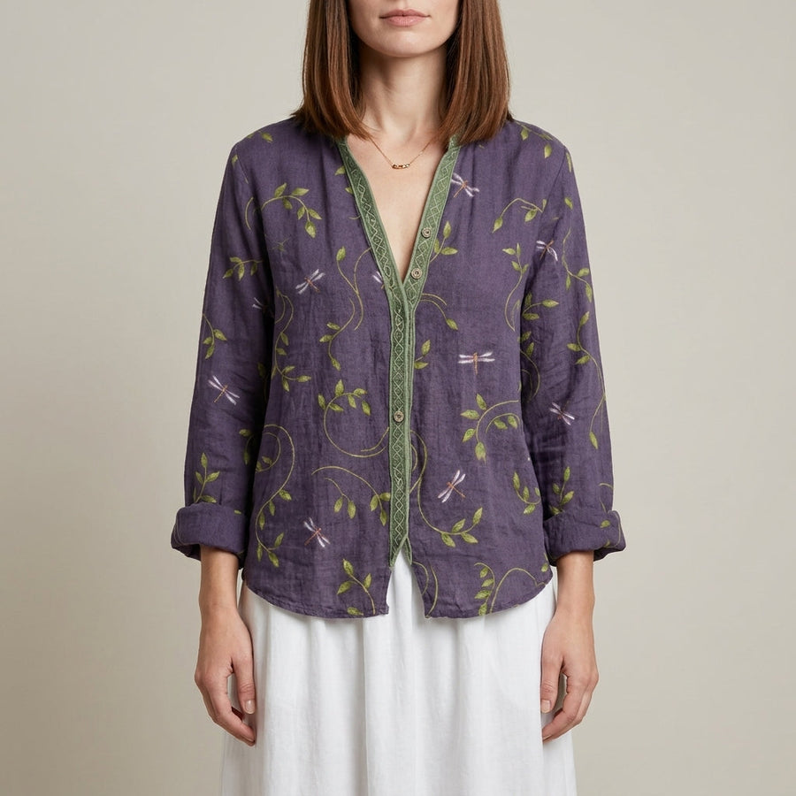 Purple floral V-neck long sleeve linen summer blouse for women, stylish and breathable top from My Store.