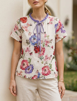 Purple floral summer blouse for women with short sleeves, stylish top from My Store women's clothing collection.