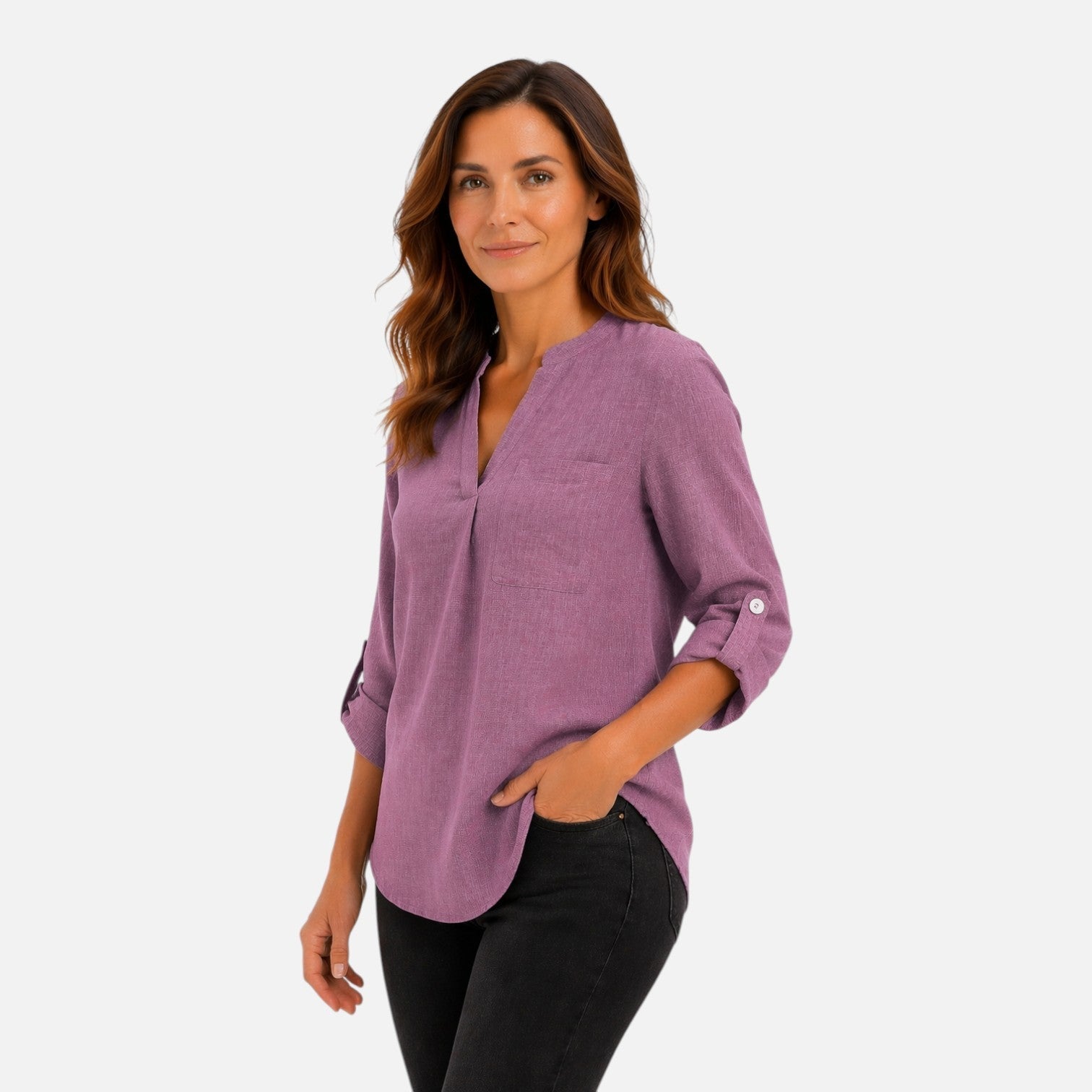 Elegant purple women's long sleeve V-neck blouse, dressy casual top, stylish shirt for women.