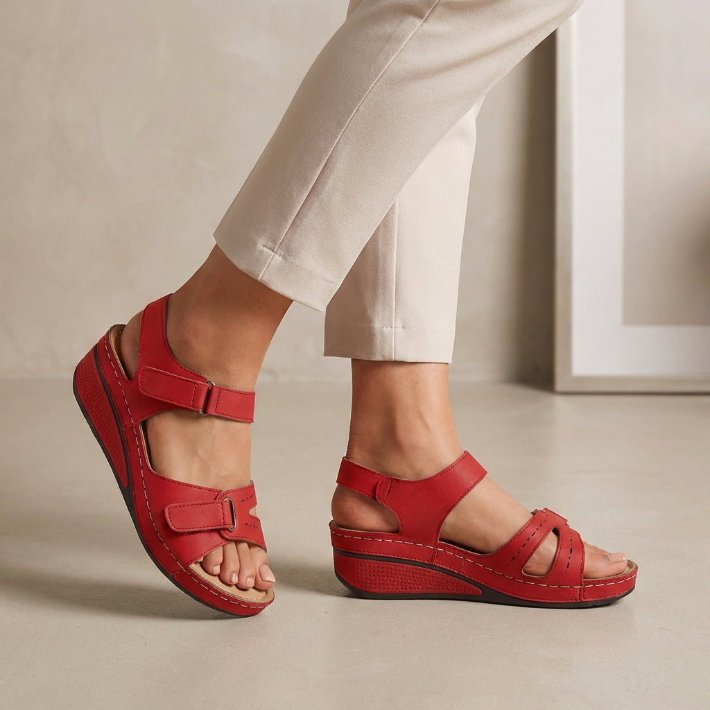 Red open-toe wedge-heel sandals for women by Tammy Bradley, featuring stylish straps and a comfortable wedge heel.
