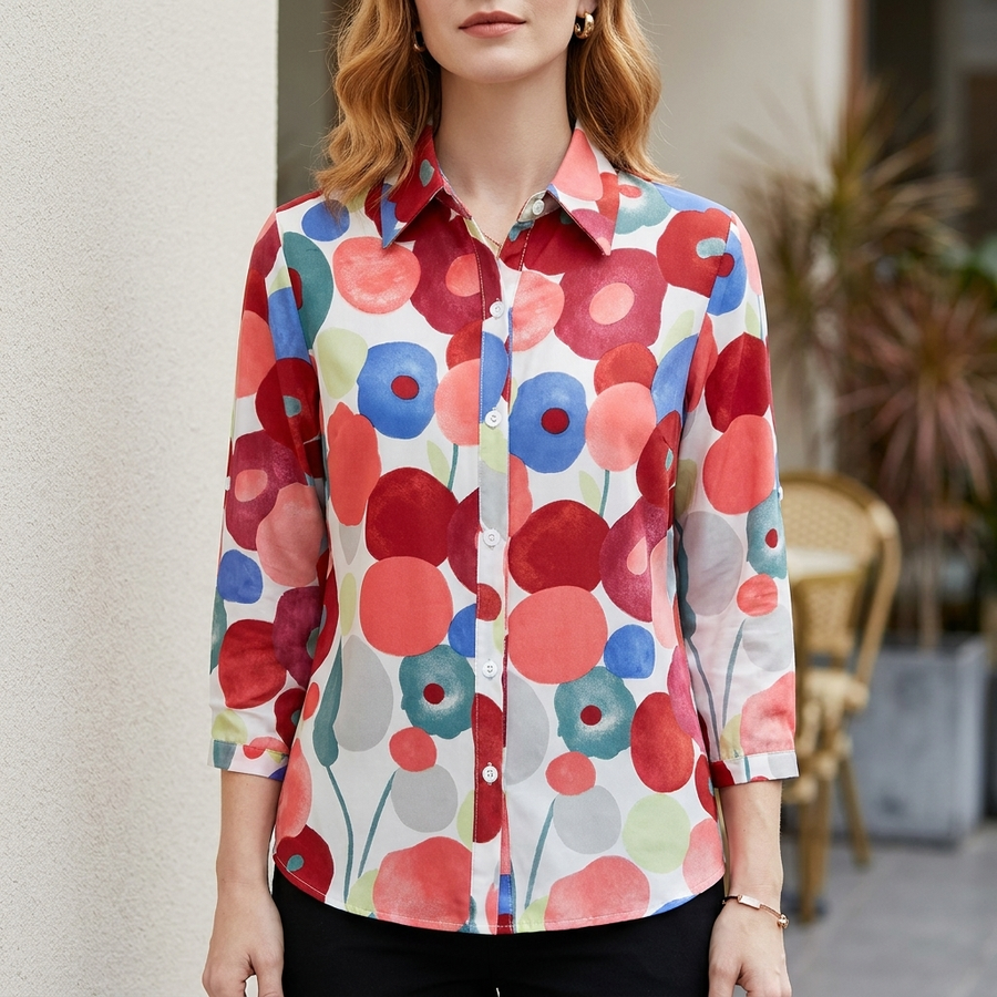 Red floral long sleeve denim summer blouse for women, stylish and lightweight top from My Store's women's clothing collection.