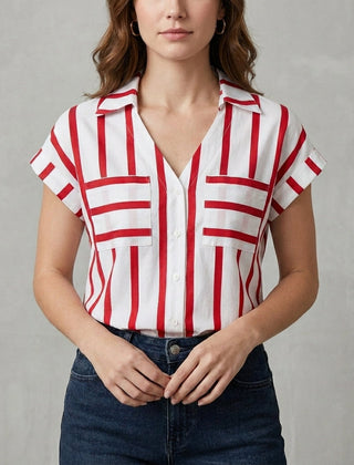 Red striped women's summer blouse with V-neck, casual top from My Store featuring short sleeves and lightweight fabric.