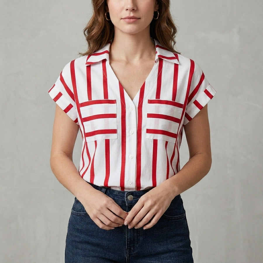 Red striped women's summer blouse with V-neck, casual top from My Store featuring short sleeves and lightweight fabric.