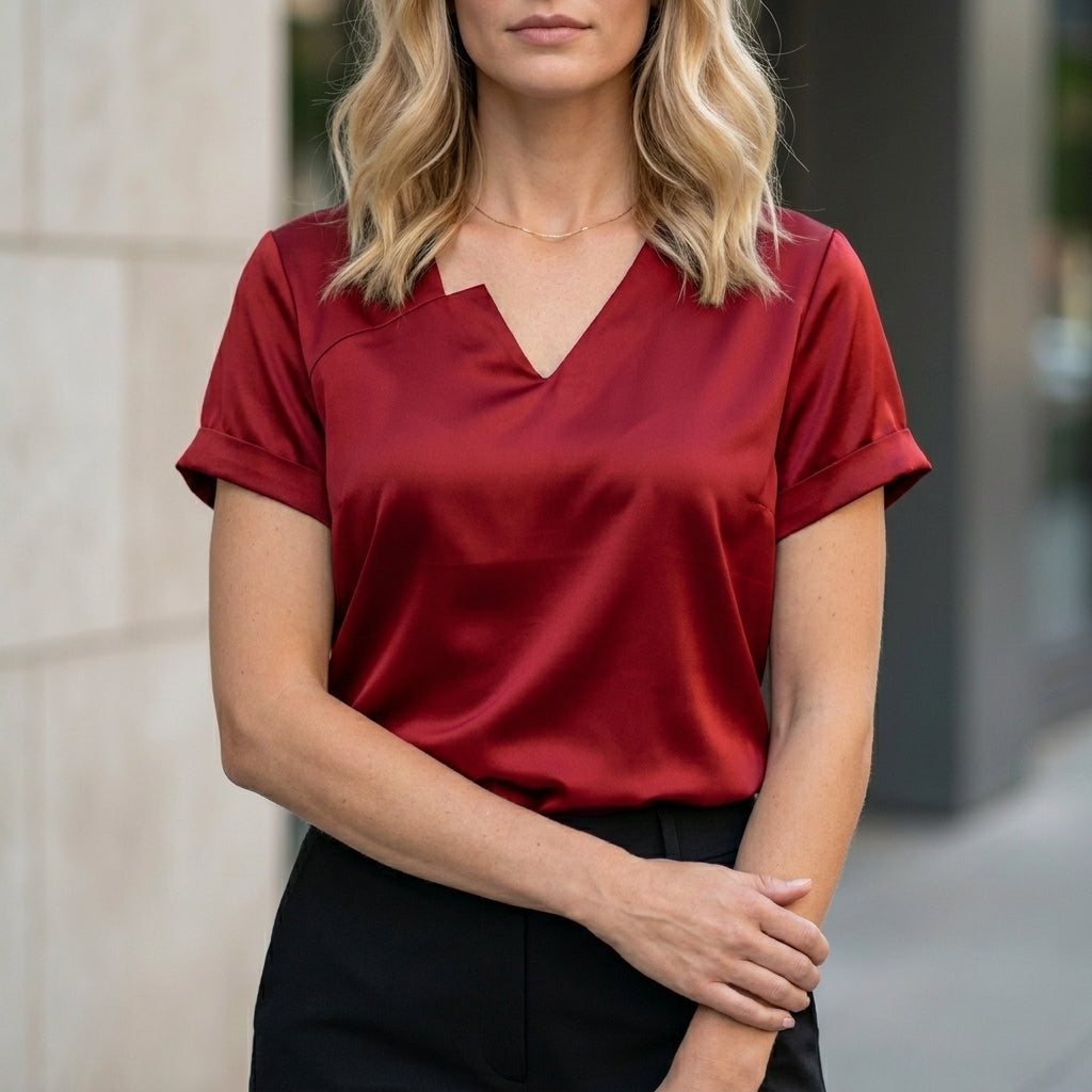 Red women's summer blouse with V-neck and short satin sleeves, casual style perfect for warm weather.