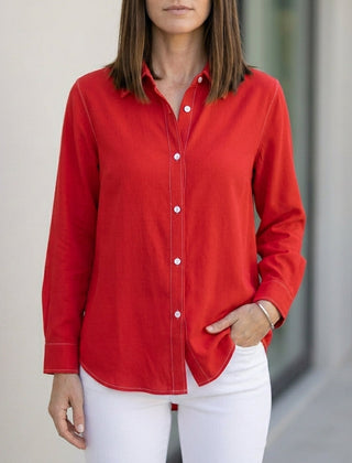 Red linen summer blouse for women with button front, stylish and breathable top from My Store's women's clothing collection.