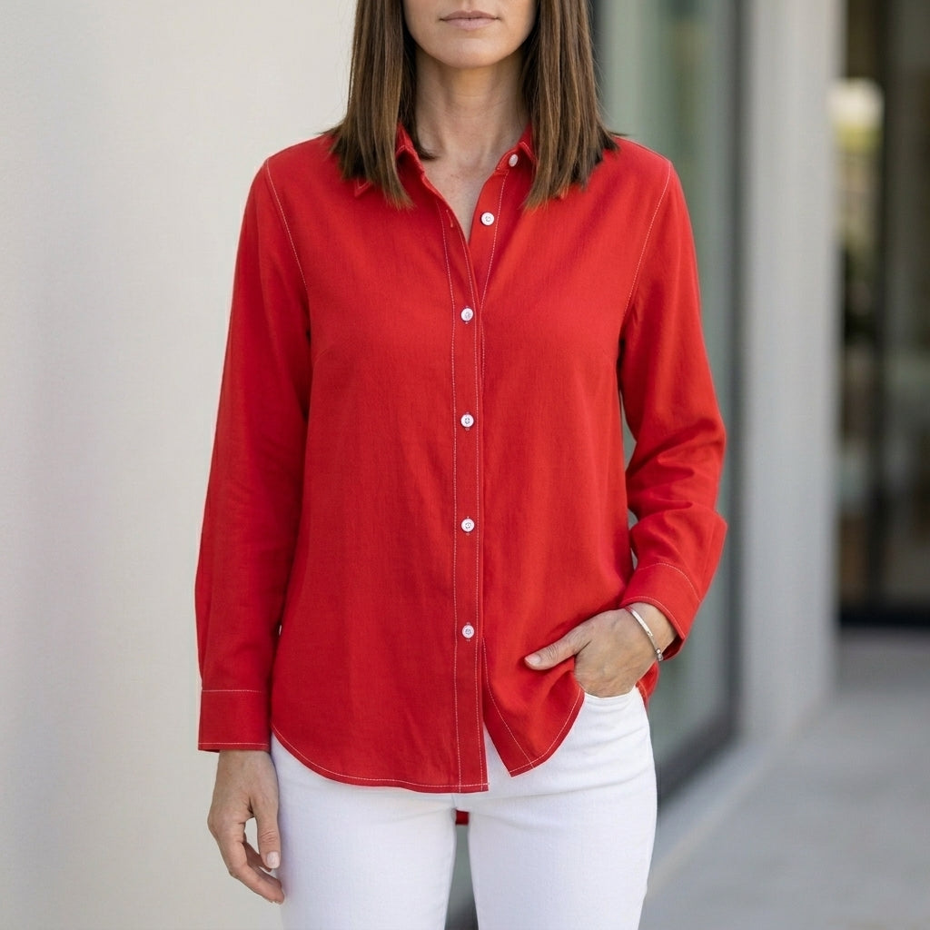 Red linen summer blouse for women with button front, stylish and breathable top from My Store's women's clothing collection.