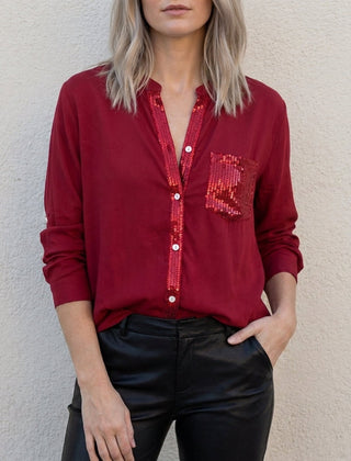 Red denim women's summer blouse with V-neck and button front, stylish top for warm weather by My Store