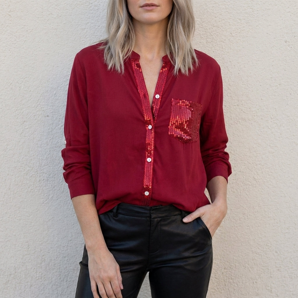 Red denim women's summer blouse with V-neck and button front, stylish top for warm weather by My Store