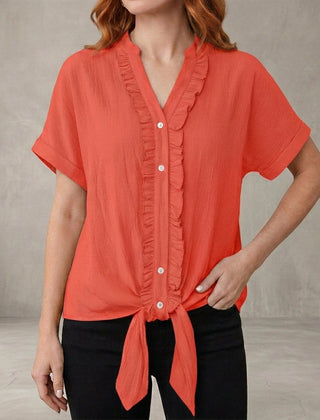 Red summer women's blouse with V-neck, denim ruffle design, casual top for women, perfect for warm weather.
