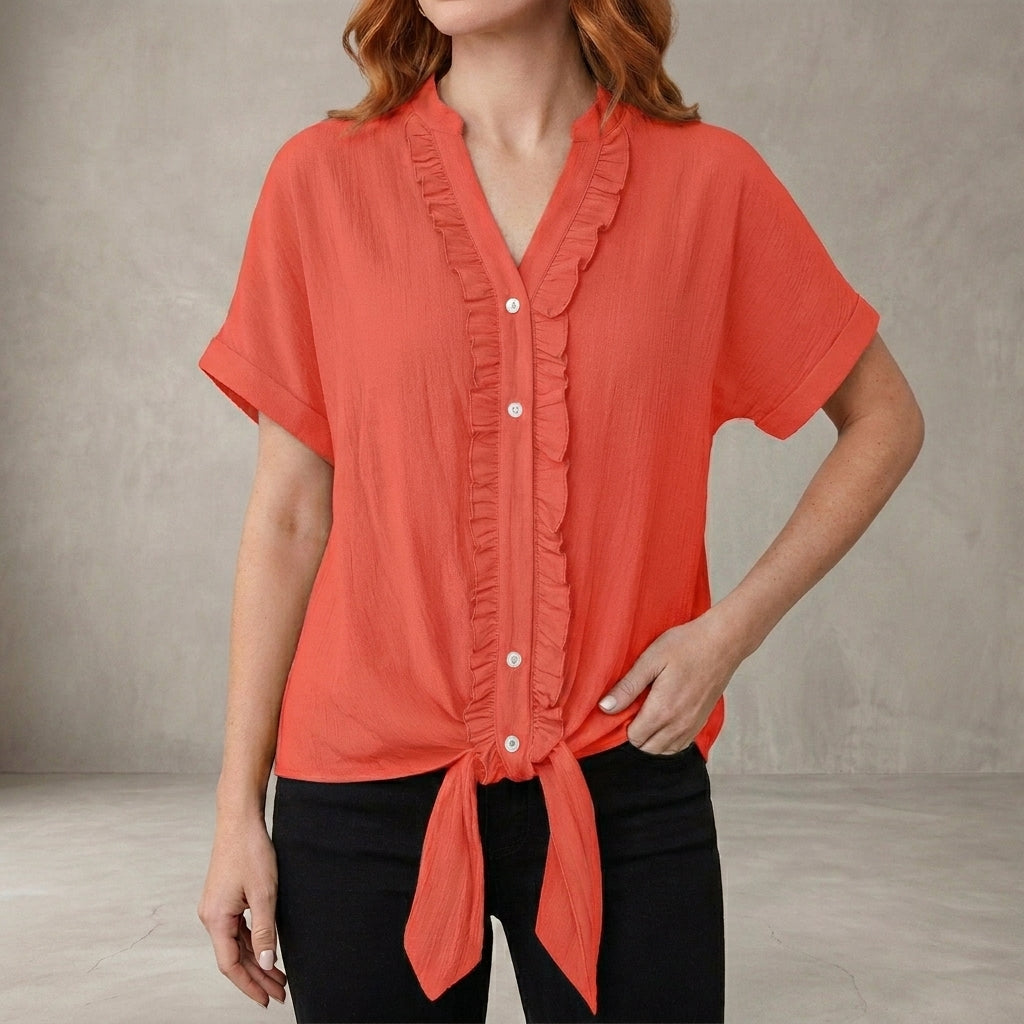 Red summer women's blouse with V-neck, denim ruffle design, casual top for women, perfect for warm weather.