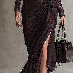 Red faux leather maxi dress, evening dress style with a fitted bodice and flowing skirt, perfect for formal occasions.