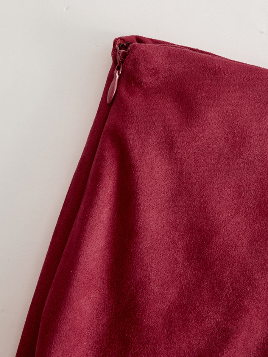Red faux suede slit midi dress, casual style, with a high slit and sleeveless design, perfect for everyday wear.