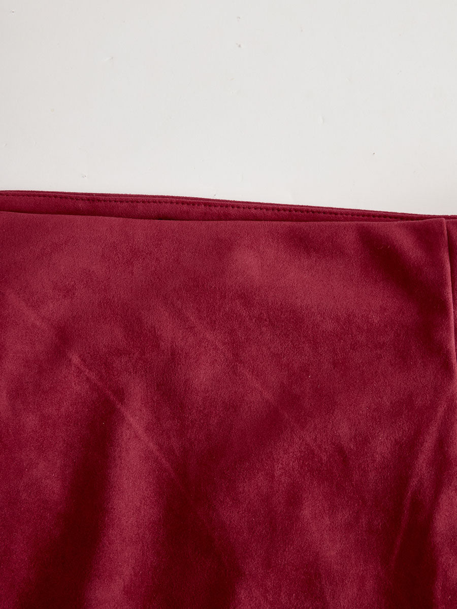 Red faux suede slit midi dress from My Store, casual dress with a stylish slit, displayed on a hanger.