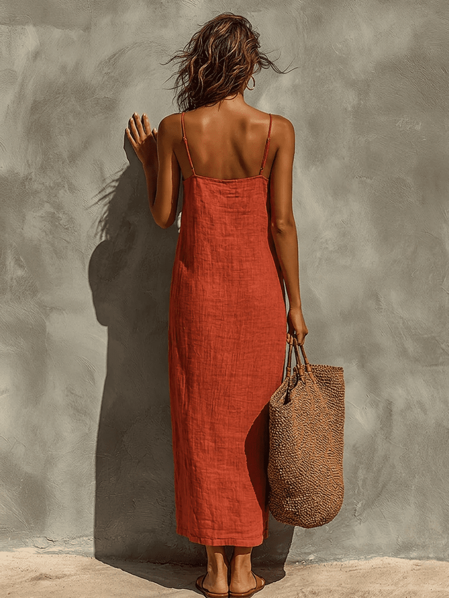 Red linen dress for women by Tammy Bradley, casual sleeveless dress with a relaxed fit and simple design.