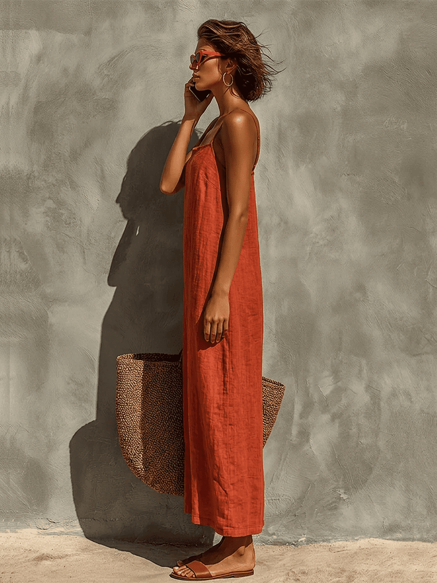 Red linen dress for women by Tammy Bradley featuring a casual, relaxed fit with short sleeves and a flowing silhouette.