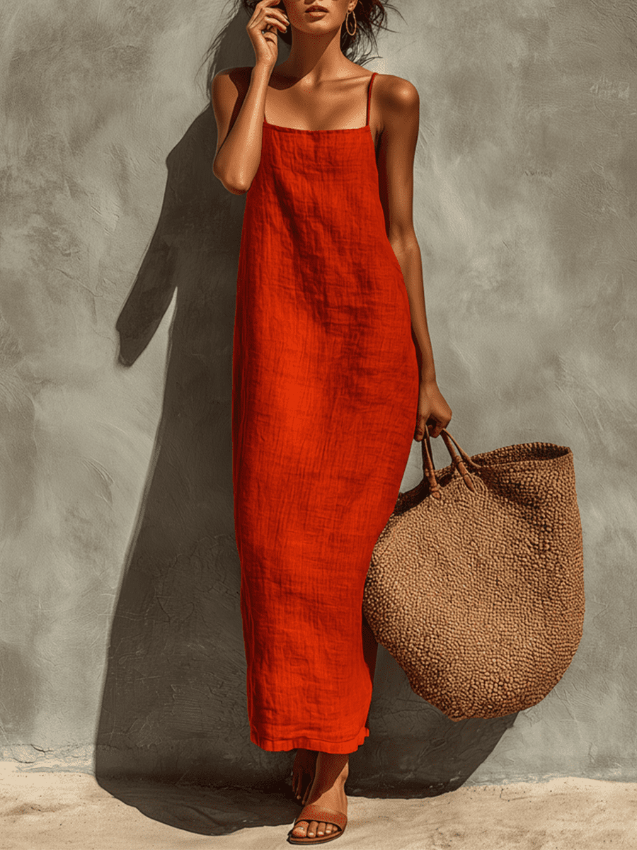 Red linen dress for women by Tammy Bradley, casual style with a relaxed fit and sleeveless design, shown on a model.