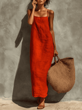 Red linen dress for women by Tammy Bradley, casual style with a relaxed fit and sleeveless design, shown on a model.