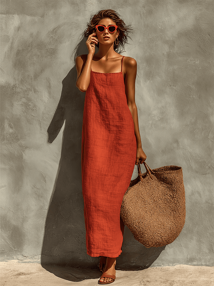 Red linen dress for women by Tammy Bradley, casual style with a relaxed fit and sleeveless design, displayed on a hanger.