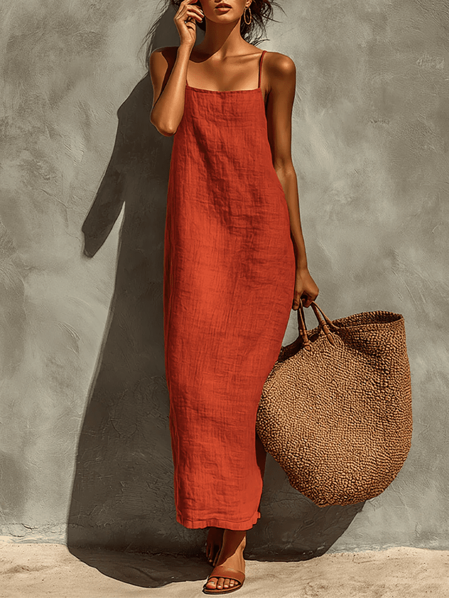 Red linen dress for women by Tammy Bradley, casual style with a relaxed fit, featuring short sleeves and a flowy silhouette.