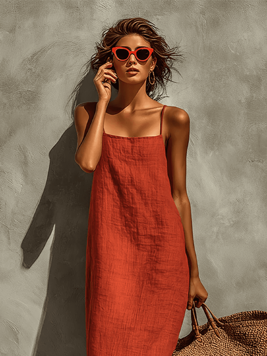 Red linen dress for women by Tammy Bradley, casual style with a relaxed fit and sleeveless design, shown on a model.