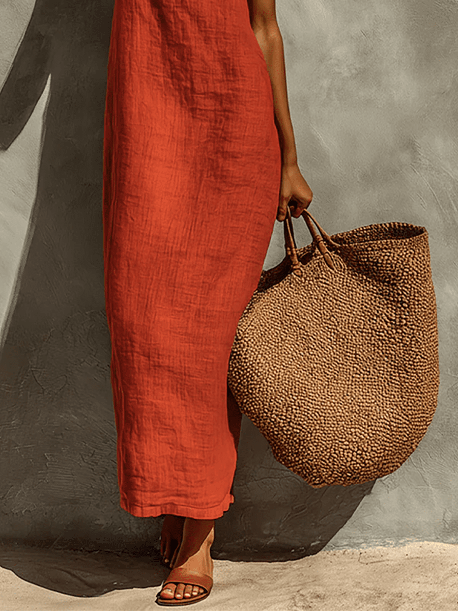 Red linen dress for women by Tammy Bradley, casual style with a relaxed fit and sleeveless design.