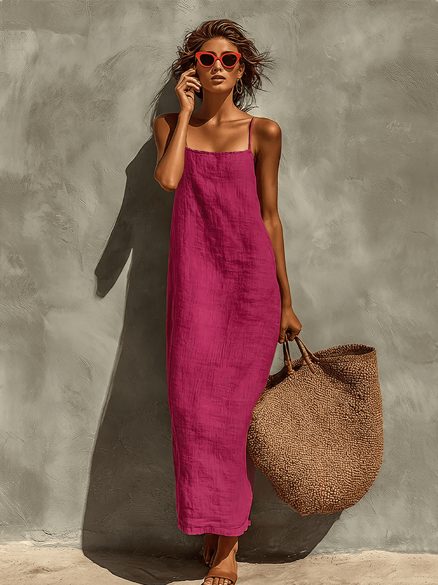 Red linen dress for women by Tammy Bradley, casual style with a relaxed fit and sleeveless design, perfect for warm weather.