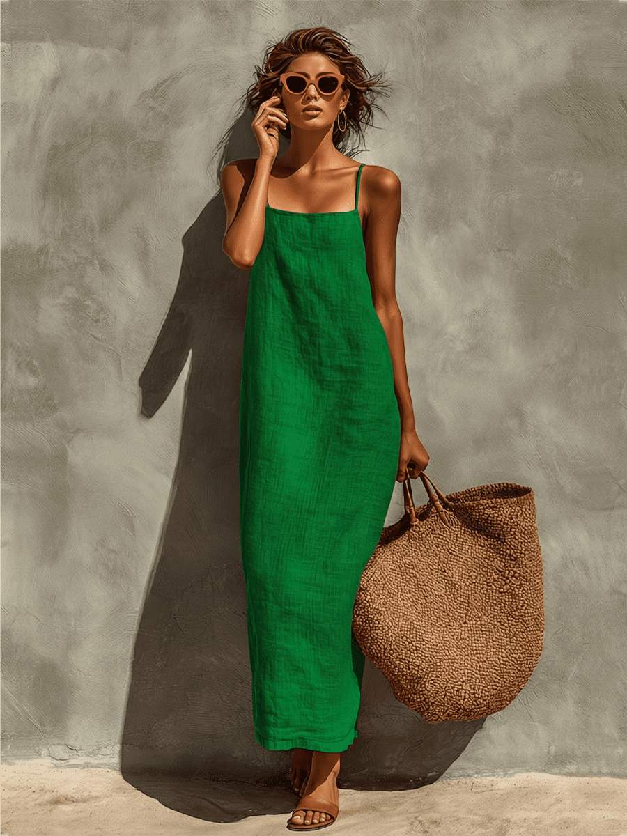 Red linen dress for women by Tammy Bradley, casual sleeveless dress with a relaxed fit and flowing fabric.