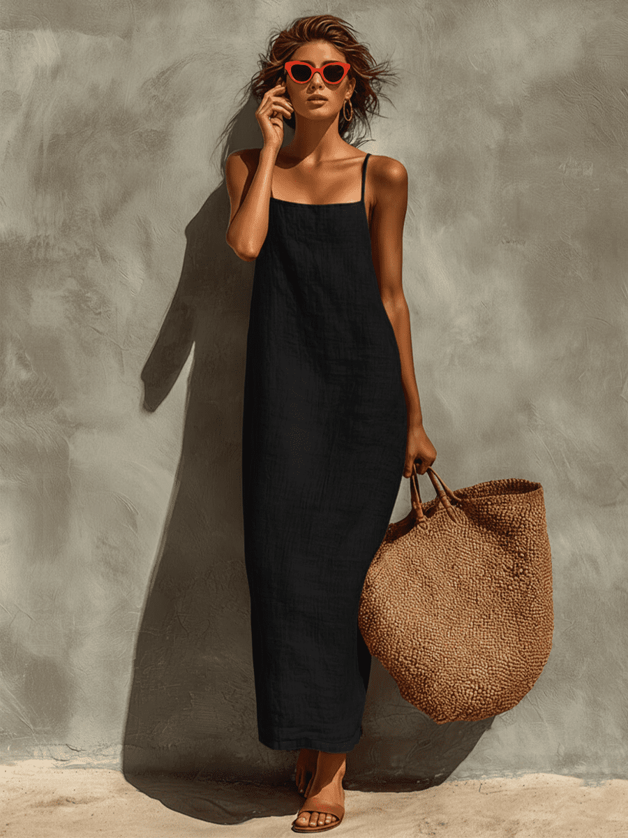 Red linen dress for women by Tammy Bradley, casual dress with a relaxed fit and sleeveless design, shown on a model.
