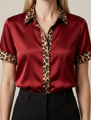 Red leopard print summer blouse for women, short sleeve top from My Store, stylish and lightweight for warm weather.