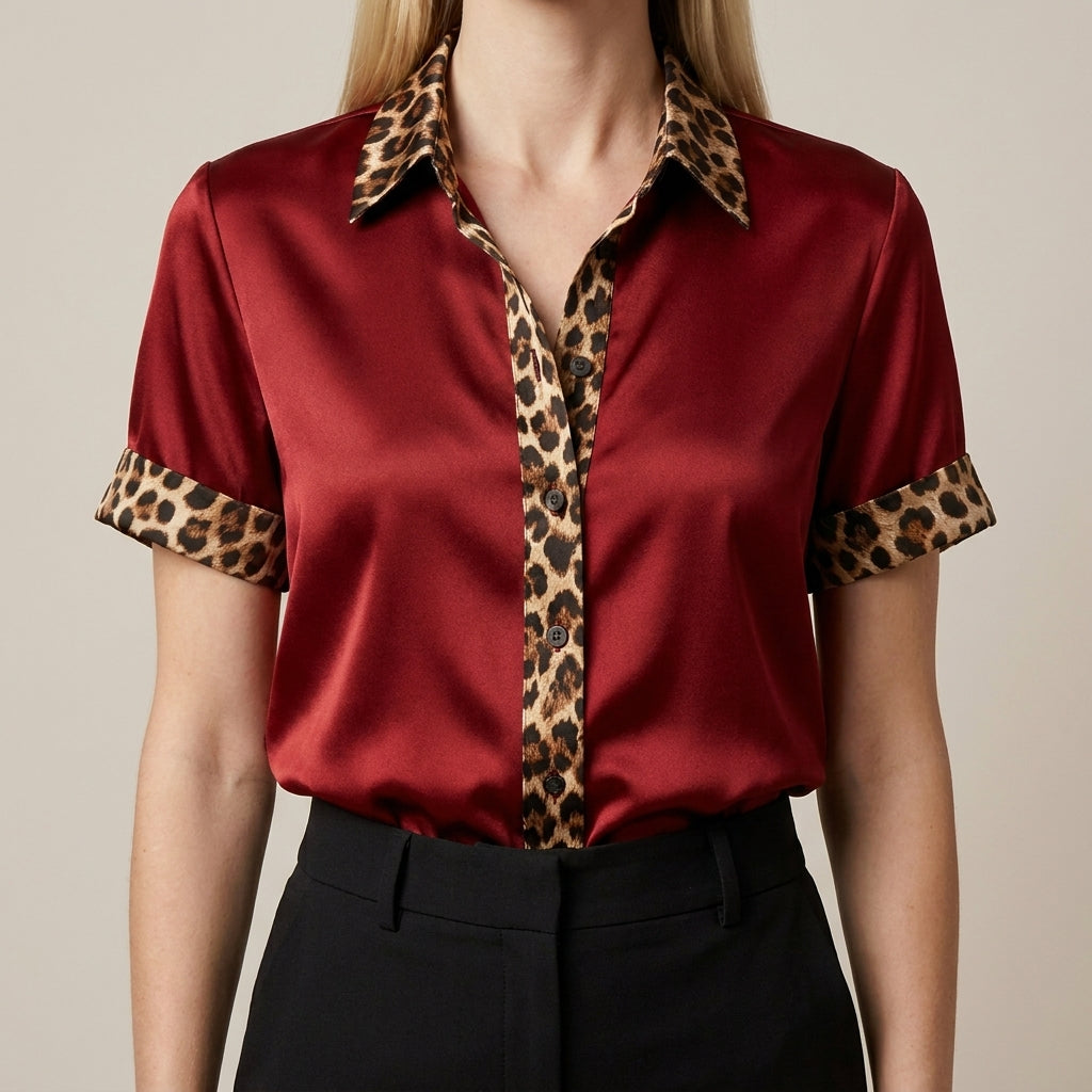 Red leopard print summer blouse for women, short sleeve top from My Store, stylish and lightweight for warm weather.