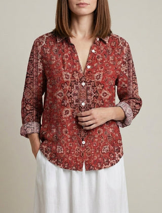 Red floral V-neck long sleeve linen summer blouse for women, stylish and lightweight top from My Store.