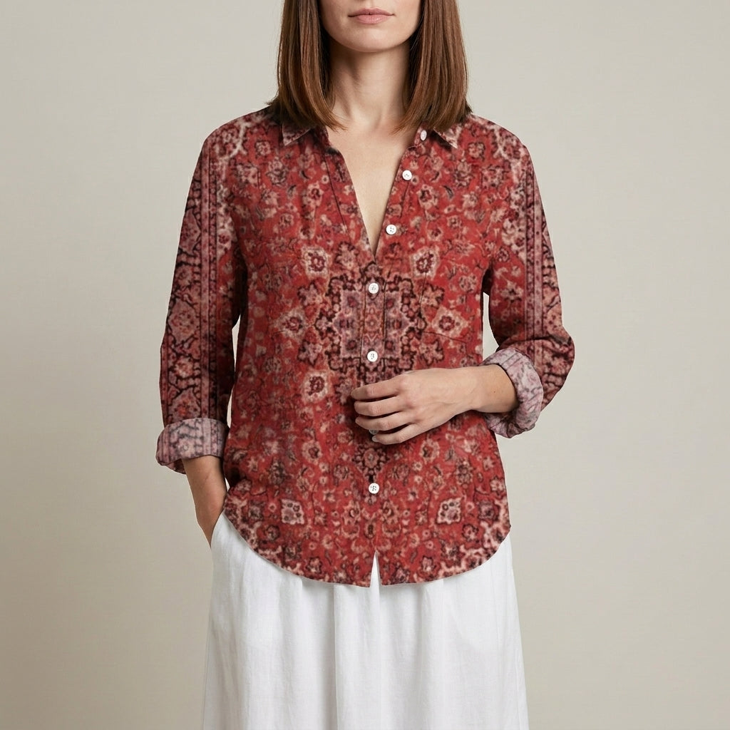 Red floral V-neck long sleeve linen summer blouse for women, stylish and lightweight top from My Store.