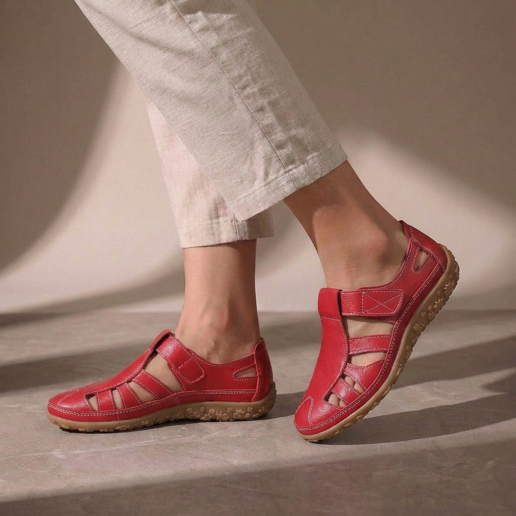 Red Tammy Bradley cutout fisherman sandals for women with open toe design and adjustable straps.