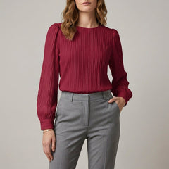 Red long sleeve denim summer blouse with pleated design for women, stylish top from My Store.