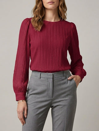 Red long sleeve denim summer blouse with pleated design for women, stylish top from My Store.