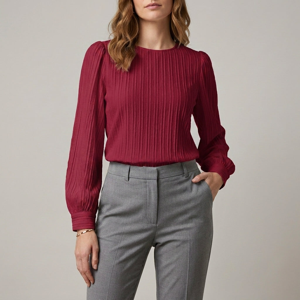 Red long sleeve denim summer blouse with pleated design for women, stylish top from My Store.