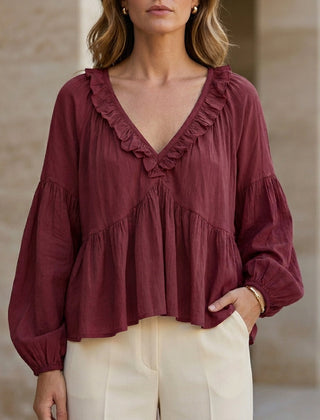 Red women's summer blouse with V-neck, long sleeves, and ruffle details, made of denim fabric, from My Store.
