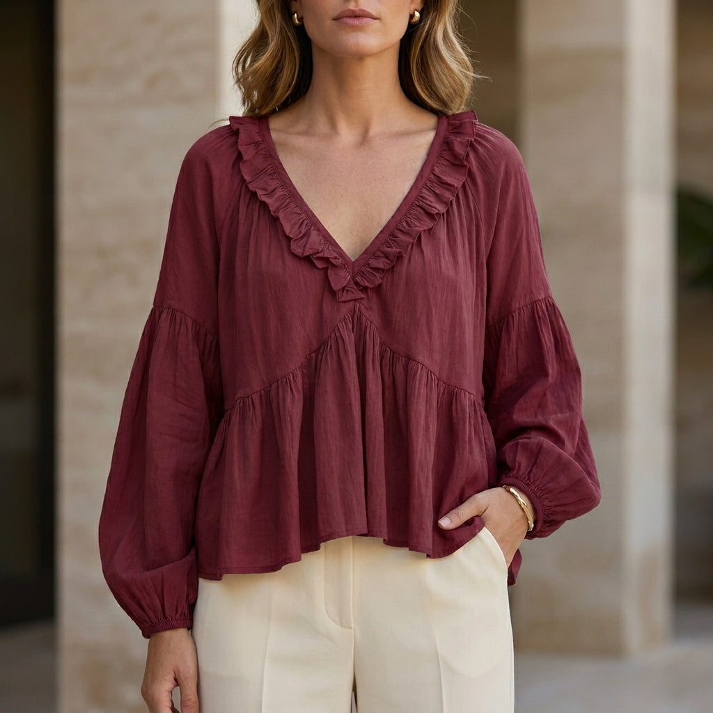 Red women's summer blouse with V-neck, long sleeves, and ruffle details, made of denim fabric, from My Store.