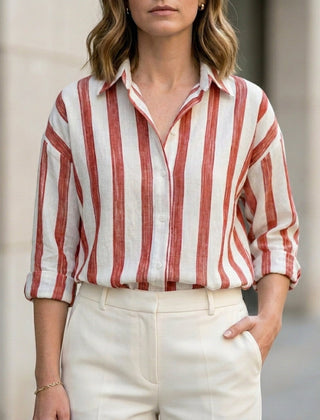 Red and white striped summer blouse for women with long sleeves, stylish and lightweight top from My Store.