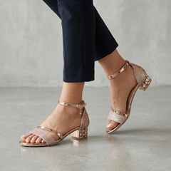 Rose gold metallic block-heel ankle-strap sandals for women by Tammy Bradley, featuring a stylish and comfortable design.